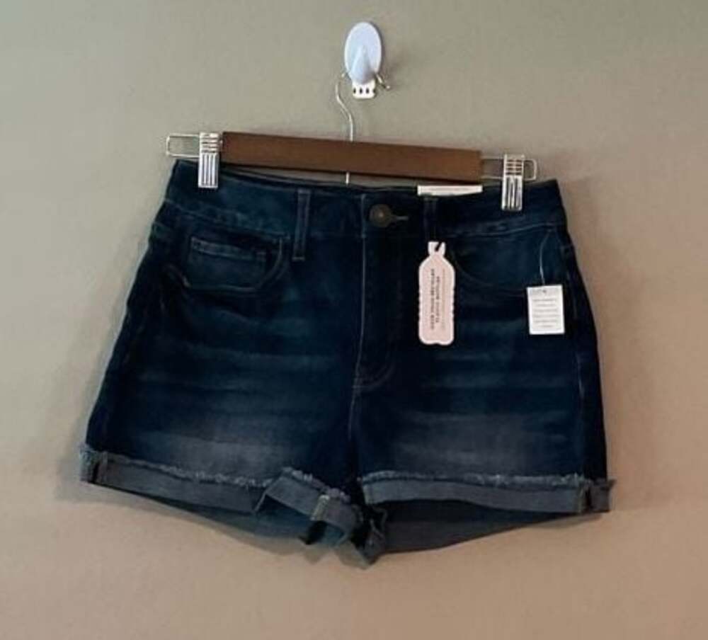 SO High Rise Curvy Shortie Dark Wash Fray Cuff Denim Shorts